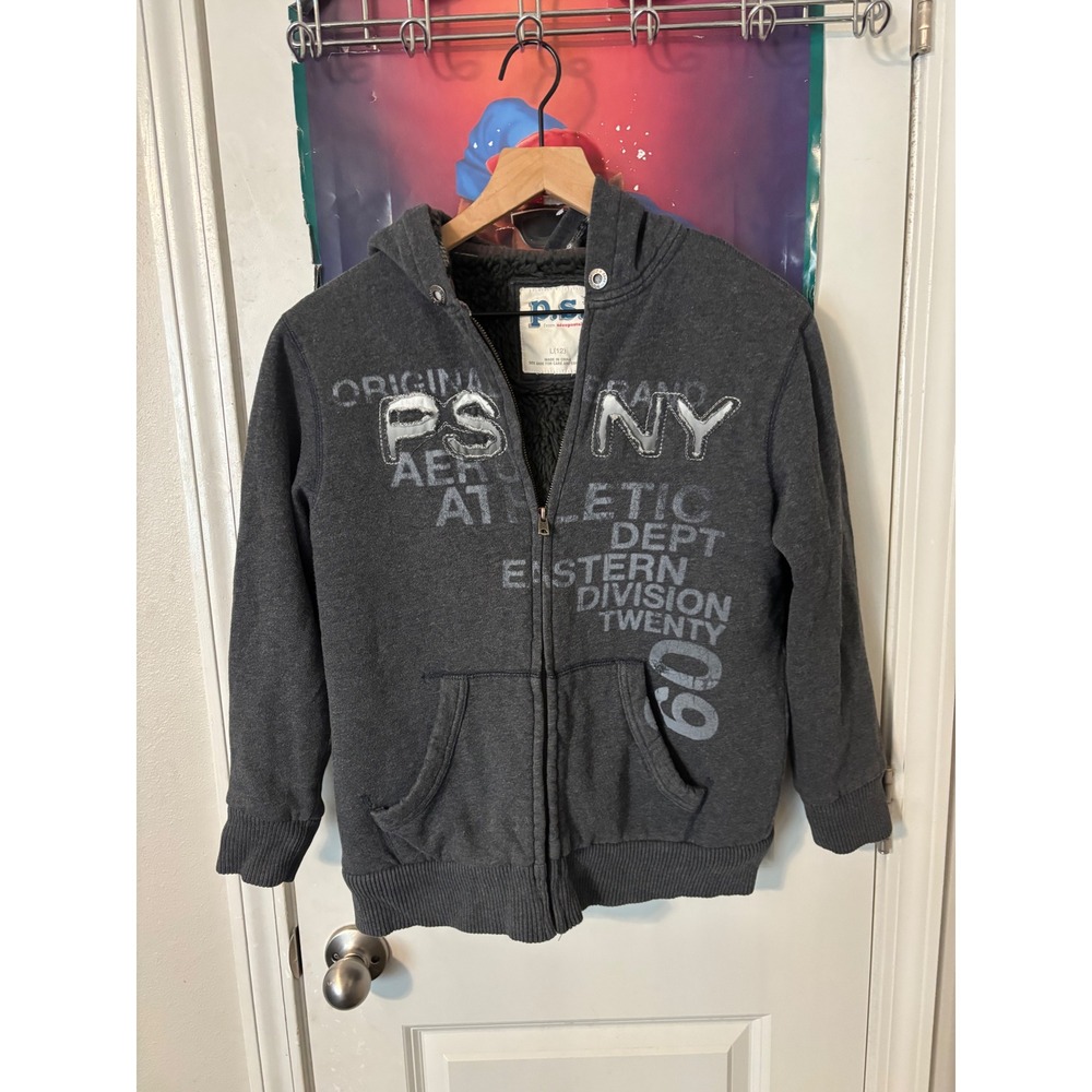 PS Aeropostale Women Charcoal Gray Sherpa Lined Full Zip Hoodie PSNY Graphic L12